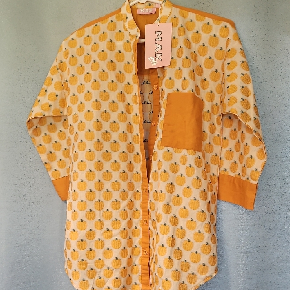 Women's Pumpkin Print Button Down Shirt - Orange